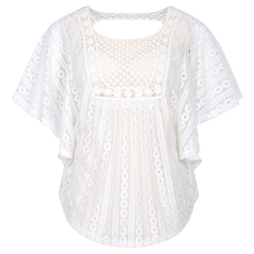 Hanna Nikole Women Plus Size Loose Semi See-Through Batwing Sleeve White Lace Tops HN0020-2